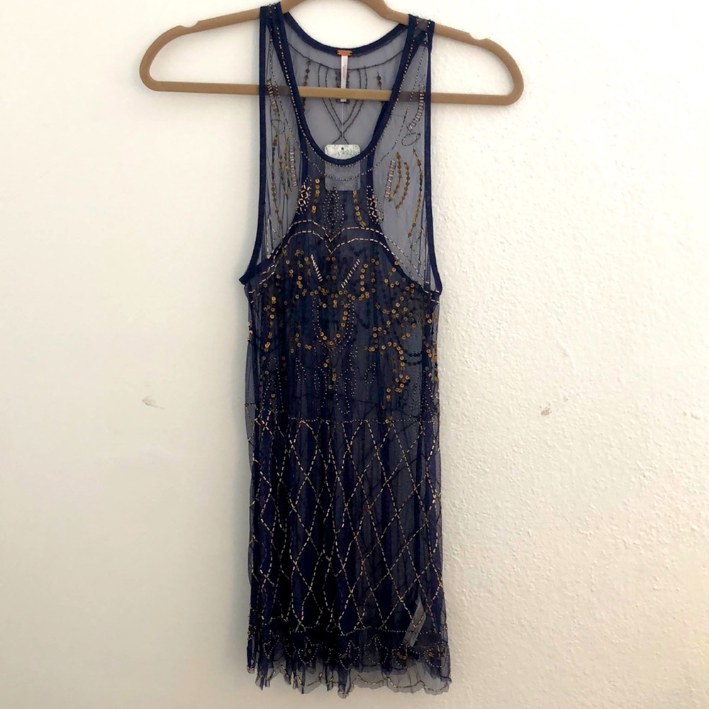Sheer Beaded Racerback Dress